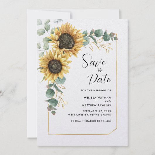 Bloemen Zonnebloem Eucalyptus Script Save The Date (Voorkant)