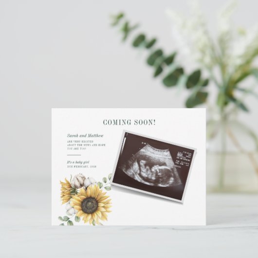 Bloemen Zonnebloem Eucalyptus Sonogram Zwangerscha Aankondigingskaart (Staand voorkant)