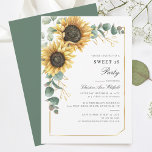 Bloemen Zonnebloem Eucalyptus Sweet 16 Party Kaart<br><div class="desc">Eucalyptus Sunflower Floral Script Sweet 16 Verjaardagsfeestuitnodiging kunt u eenvoudig aanpassen met de verrassingsfeestdetails door op de knop "Personaliseren" te klikken. Met heldergeel bloemig en groen sappig met een gouden folie geometrisch lijst en moderne typografie</div>