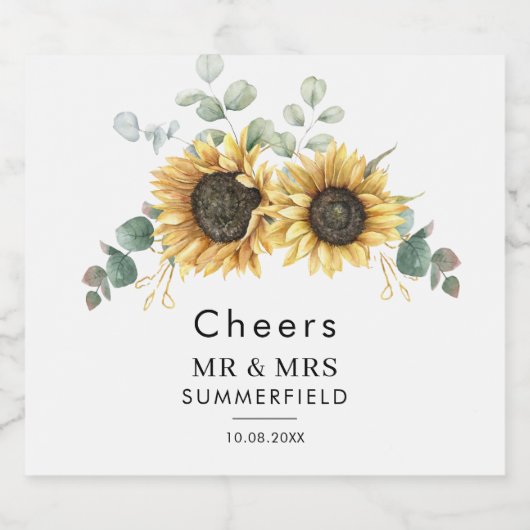 Bloemen Zonnebloem Eucalyptus Waterverf Sparkling Wijnetiket (Enkel label)