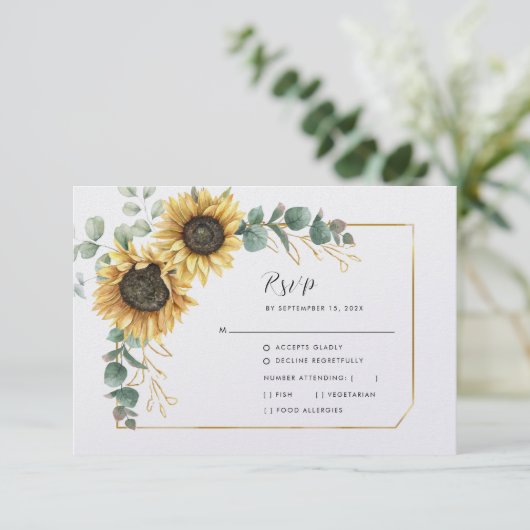 Bloemen Zonnebloem Geometrische Eucalyptus groen RSVP Kaartje (Staand voorkant)