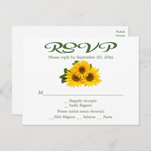 Bloemen Zonnebloem RSVP Groen Geel Huwelijksfeest Uitnodiging Briefkaart (Voorkant / Achterkant)