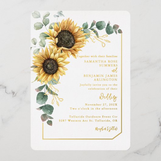Bloemen Zonnebloem Script Greenery Wedding Gold Folie Uitnodiging (Voorkant)