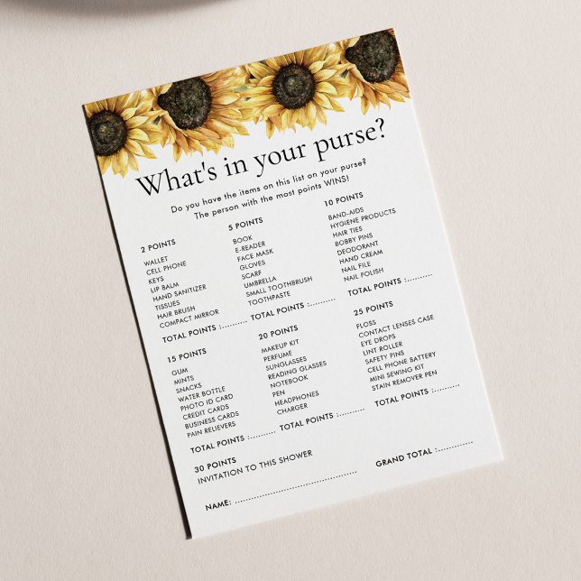 Bloemen Zonnebloem Vrijgezellenfeest spel (Floral Sunflower Bridal Shower Games What's in her Purse Card)