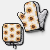 Bloemen Zonnebloem Waterverf Patroon Ovenwant & Pannenlap Set (Voorkant / Achterkant)