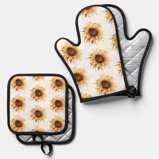 Bloemen Zonnebloem Waterverf Patroon Ovenwant & Pannenlap Set (Voorkant / Achterkant)