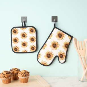Bloemen Zonnebloem Waterverf Patroon Ovenwant & Pannenlap Set
