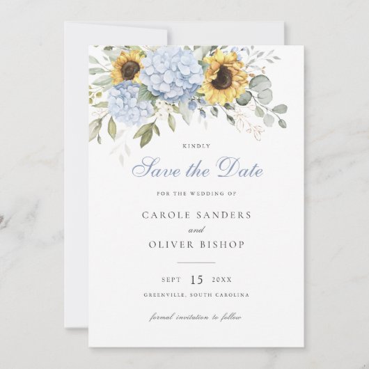 Bloemen Zonnebloemen Blauwe Hydrangea Bruiloft Ops Kaart (Voorkant)