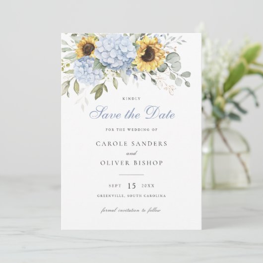 Bloemen Zonnebloemen Blauwe Hydrangea Bruiloft Ops Kaart (Staand voorkant)