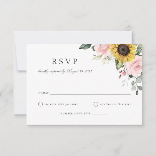 Bloemen Zonnebloemen Blush Roze Huwelijk RSVP Kaar Kaart (Voorkant)