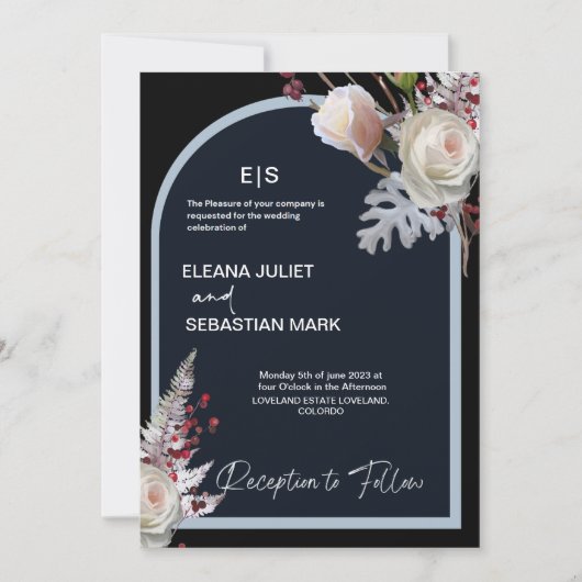 Bloemen zwart elegante bruiloft uitnodiging (Voorkant)