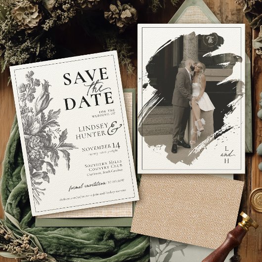  Bloemen Zwart en Ecru Botanische Huwelijk Save The Date