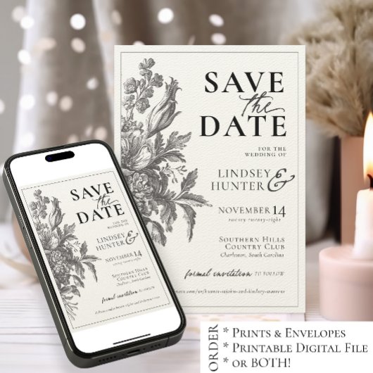  Bloemen Zwart en Ecru Botanische Huwelijk Save The Date