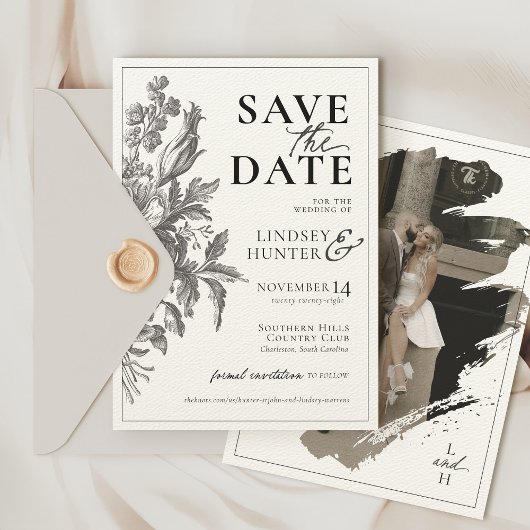 Bloemen Zwart en Ecru Botanische Huwelijk Save The Date