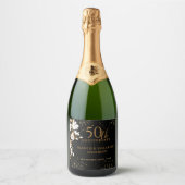 Bloemen Zwart en Goud 50ste bruiloft Jubileum Sparkling Wijnetiket (Voorkant)