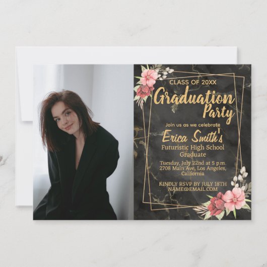 Bloemen zwart en goud foto afstudeerfeest kaart (Voorkant)