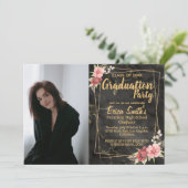 Bloemen zwart en goud foto afstudeerfeest kaart (Staand voorkant)