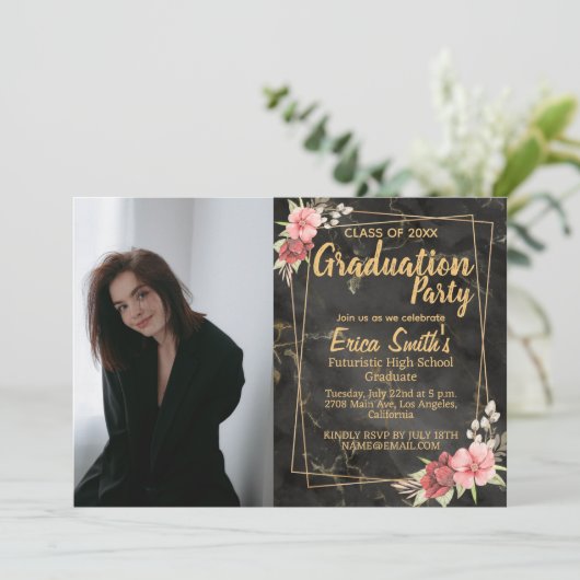 Bloemen zwart en goud foto afstudeerfeest kaart (Staand voorkant)