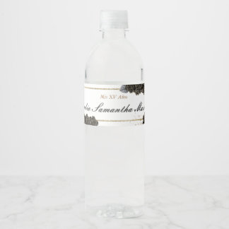 Bloemen Zwart en Goud Quinceañera Thema Waterfles Etiket
