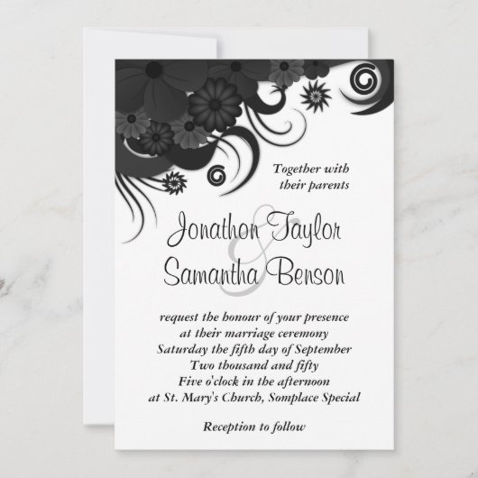 Bloemen Zwart en Wit 5" x 7" Bruiloft uitnodiginge Kaart (Voorkant)