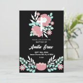 Bloemen Zwart en Wit Elegant doopsel Uitnodiging (Staand voorkant)