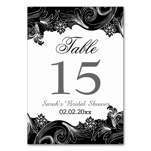 Bloemen zwart en wit Gepersonaliseerde tafelnummer (Achterkant)