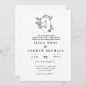 Bloemen Zwart en Wit Monogram Crest Wedding Kaart (Voorkant / Achterkant)