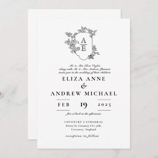 Bloemen Zwart en Wit Monogram Crest Wedding Kaart (Voorkant / Achterkant)
