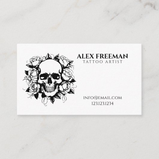 Bloemen Zwart en Wit Schedel Rozen Tattoo Artiest Visitekaartje (Voorkant)