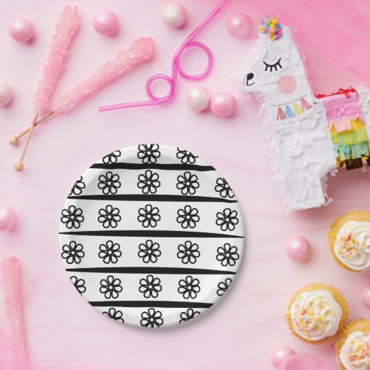 Bloemen zwart en wit strepen Bloemen Papieren Bordje (Feest)