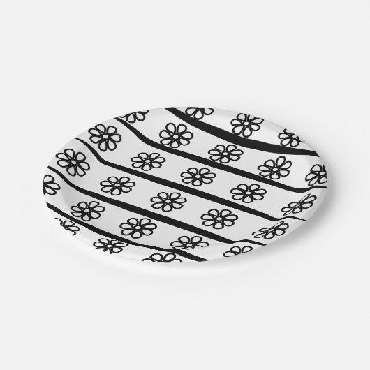 Bloemen zwart en wit strepen Bloemen Papieren Bordje (Gekanteld)