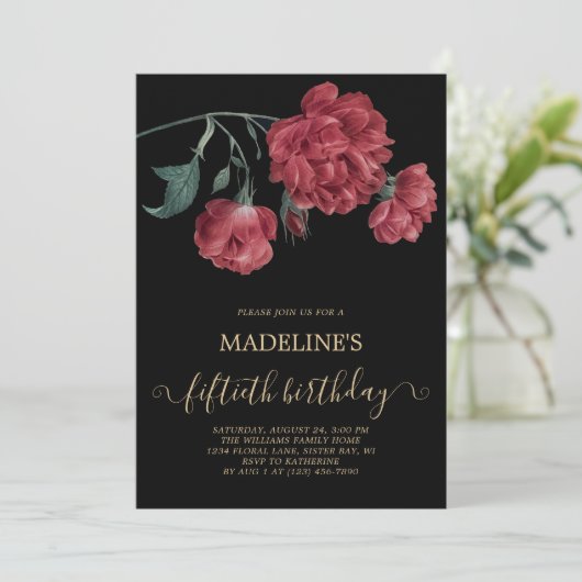 Bloemen Zwart Goud 50e Verjaardagsfeest Kaart (Staand voorkant)