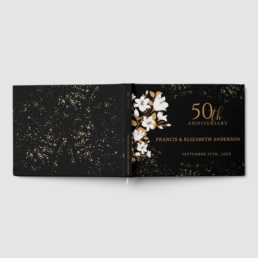 Bloemen Zwart Goud 50ste bruiloft Jubileum Gastenboek (Volledig)
