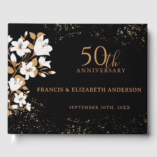 Bloemen Zwart Goud 50ste bruiloft Jubileum Gastenboek (Voorkant)