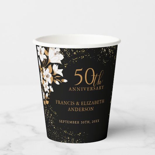 Bloemen Zwart Goud 50ste bruiloft Jubileum Papieren Bekers (Voorkant)