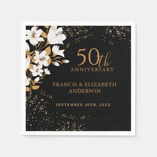 Bloemen Zwart Goud 50ste bruiloft Jubileum Servet (Voorkant)