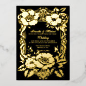 Bloemen Zwart & Goud  Decor Wedding Folie Uitnodiging (Voorkant)