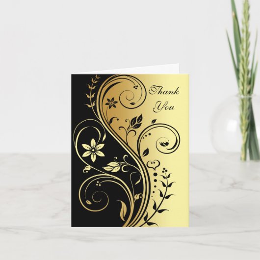 Bloemen Zwart & Goud Scroll Trouwen Dank u kaart (Voorkant)