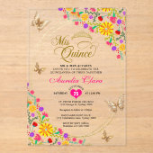 Bloemen zwart goud tiara vlinder mis quinceañera acryl uitnodigingen (Voorkant)