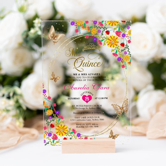 Bloemen zwart goud tiara vlinder mis quinceañera acryl uitnodigingen