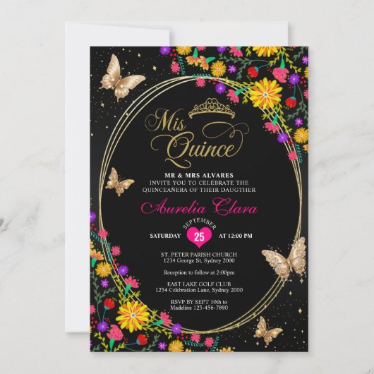 Bloemen zwart goud tiara vlinder mis quinceañera kaart (Voorkant)
