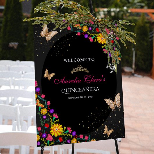 Bloemen zwart goud tiara vlinder mis quinceañera poster
