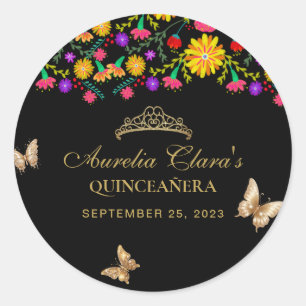 Bloemen zwart goud tiara vlinder mis quinceañera ronde sticker