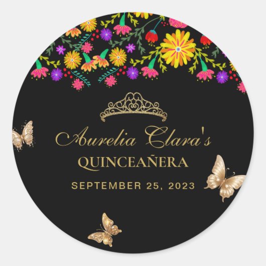 Bloemen zwart goud tiara vlinder mis quinceañera ronde sticker (Voorkant)