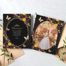 Bloemen zwart gouden vlinder quinceañera foto