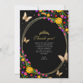 Bloemen zwart gouden vlinder quinceañera foto bedankkaart (Voorkant)