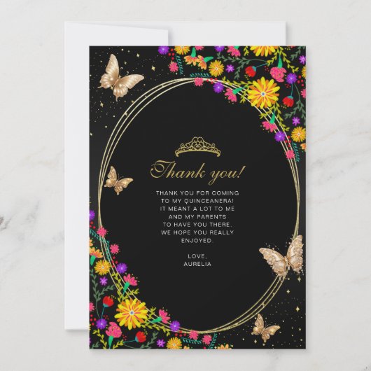 Bloemen zwart gouden vlinder quinceañera foto bedankkaart (Voorkant)