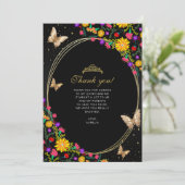 Bloemen zwart gouden vlinder quinceañera foto bedankkaart (Staand voorkant)