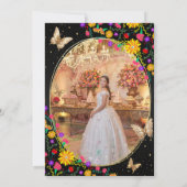 Bloemen zwart gouden vlinder quinceañera foto bedankkaart (Achterkant)
