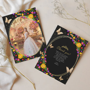 Bloemen zwart gouden vlinder quinceañera foto bedankkaart
